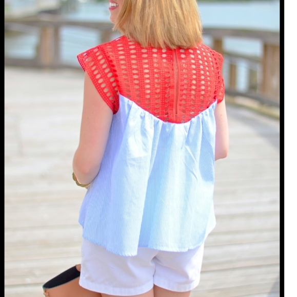 Maeve brand top size small blue white pinstripe red crochet fluff sleeve - Picture 5 of 8